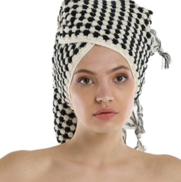 Turkish Cotton Spa Hair Peshtemal XL Hand Towel Black and Natural White Pom Pom - Picture 2 of 8